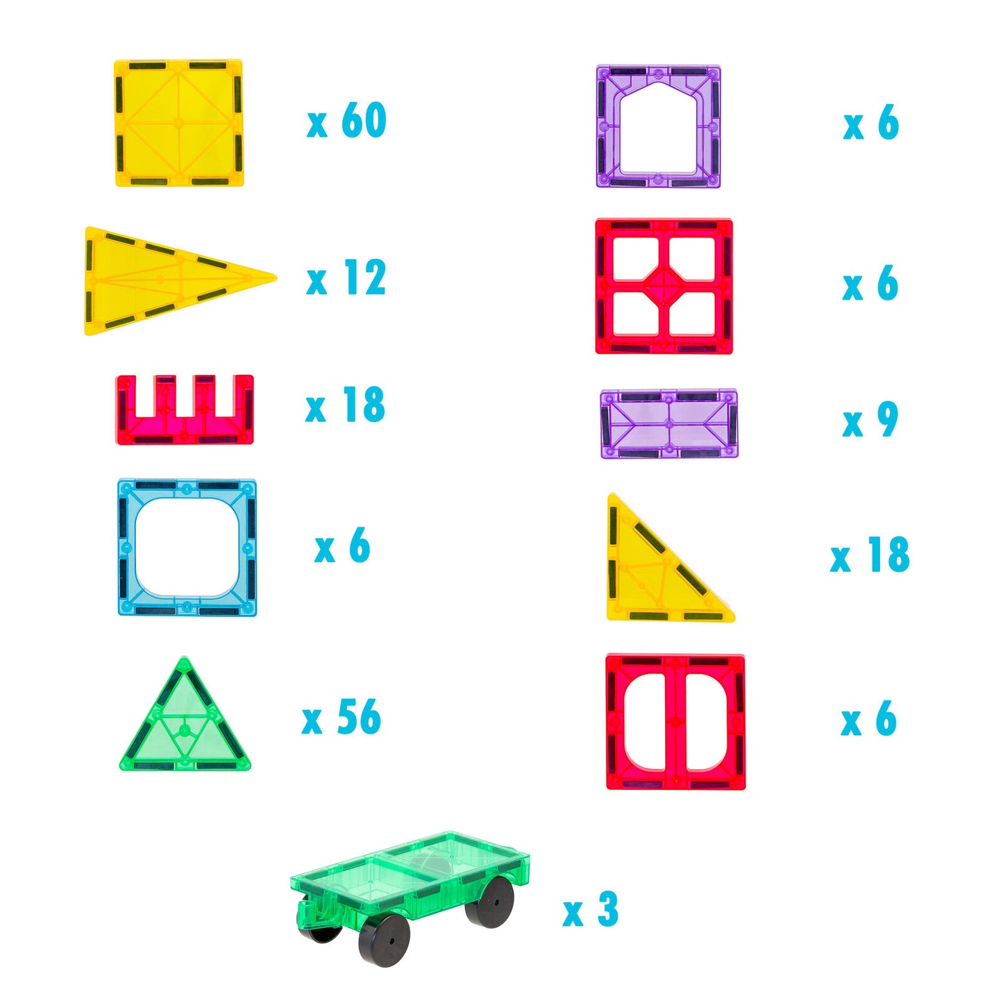 Colorful geometric building block pieces with quantities on a white background