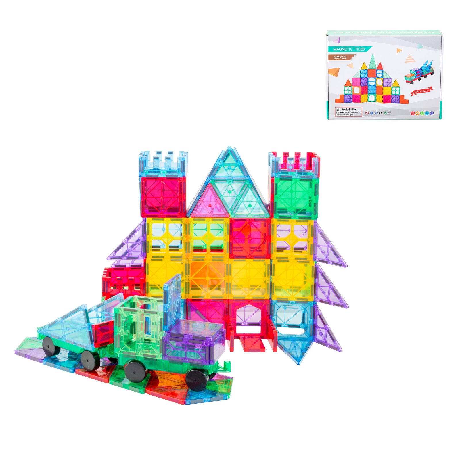 Colorful magnetic building blocks set with a castle-like structure and packaging in the background.