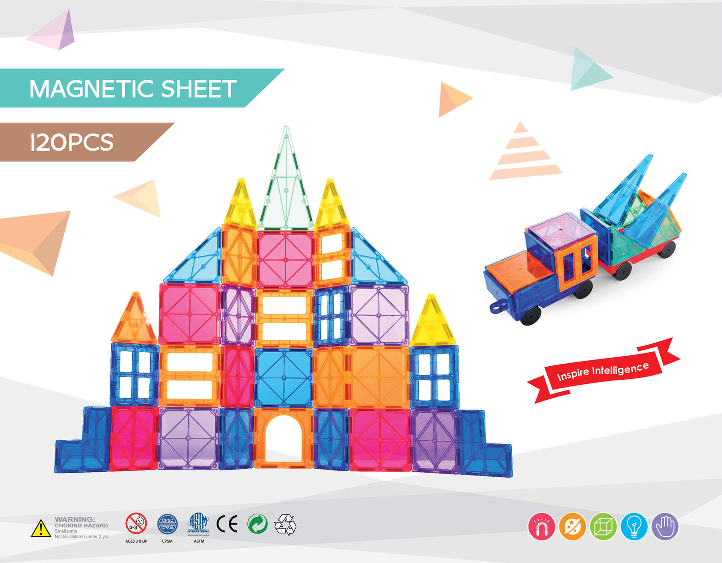 Colorful magnetic building blocks set with a castle and truck model on a white background.
