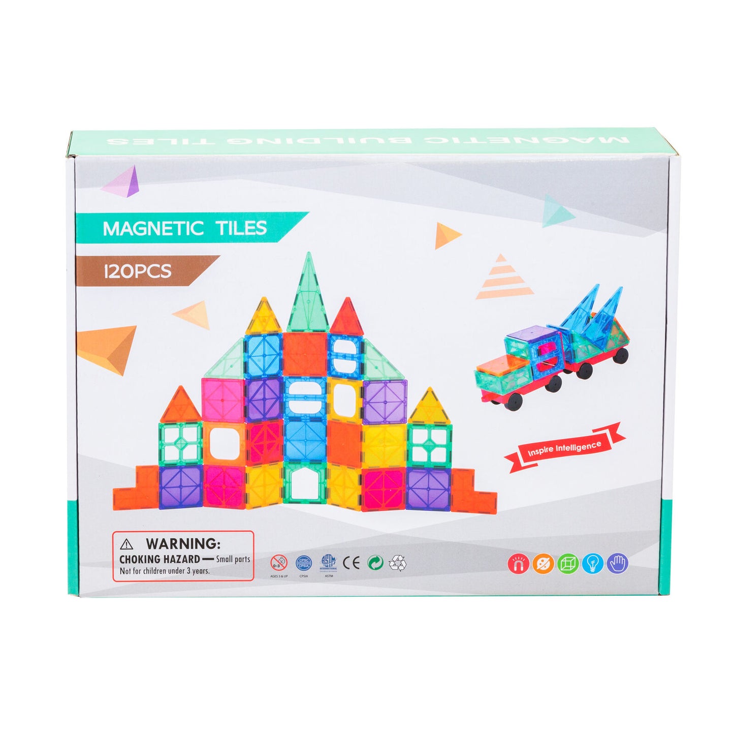 Box of magnetic tiles with colorful building set and toy car illustration on a white background