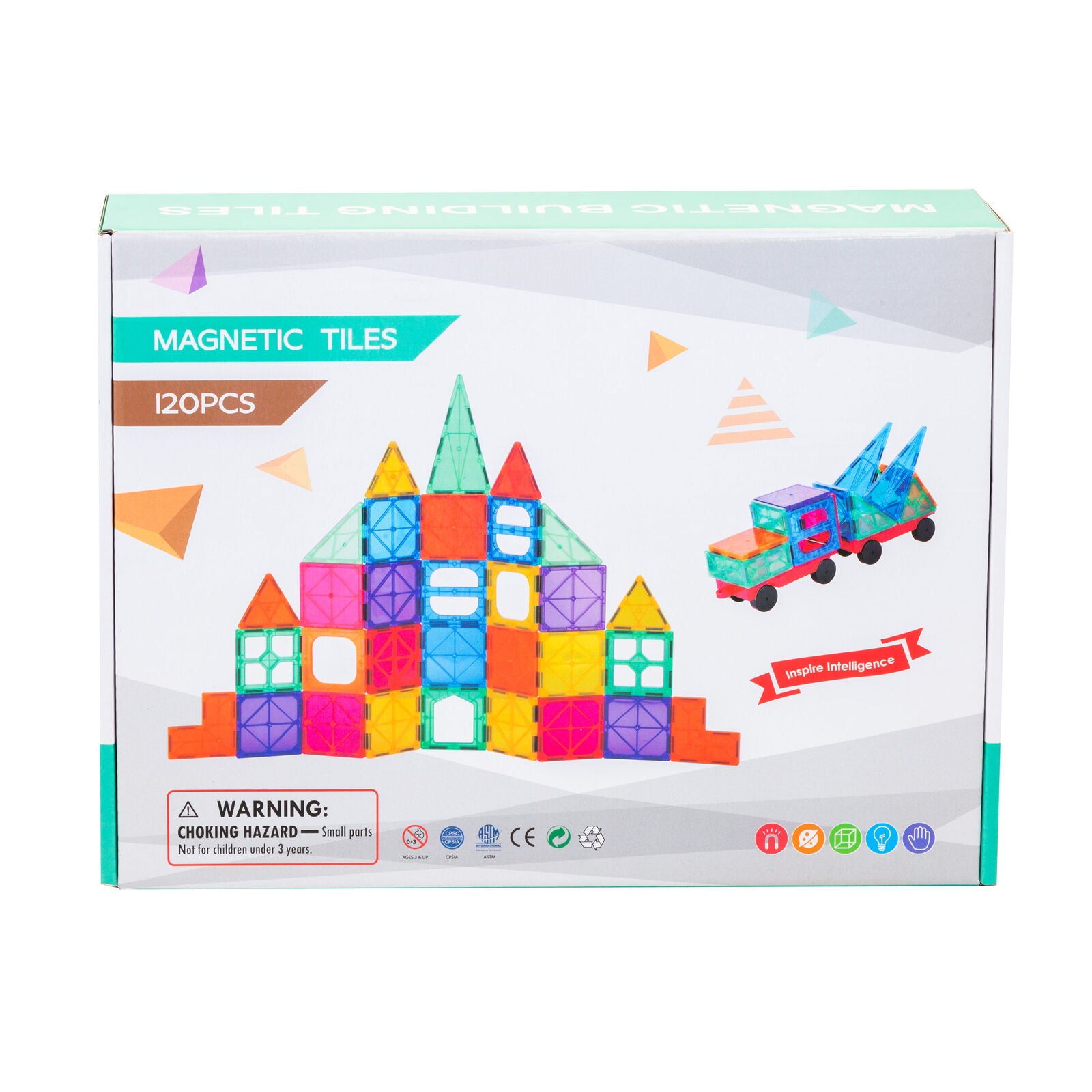 Box of magnetic tiles with colorful building set and toy car illustration on a white background