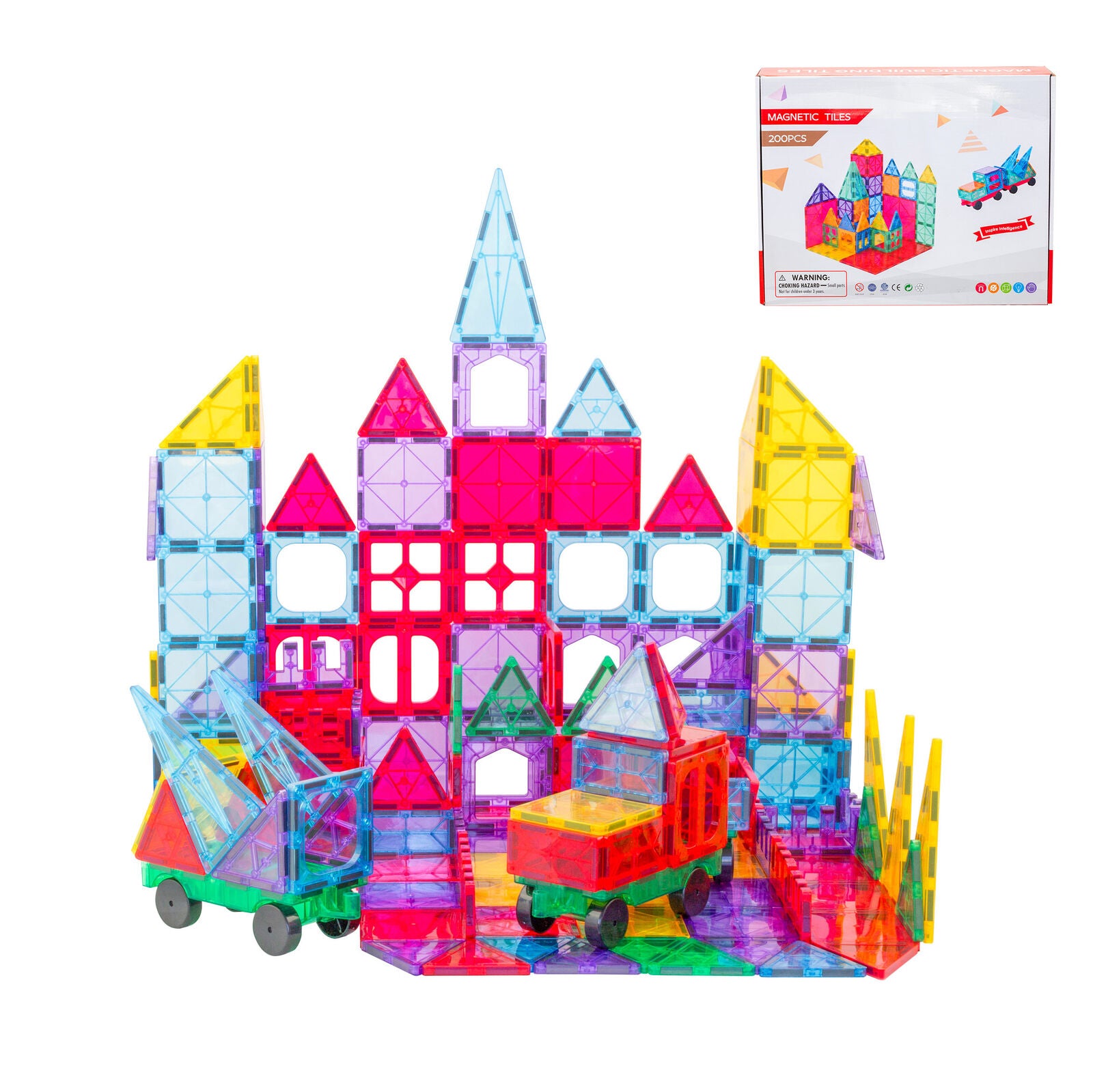 Colorful magnetic building blocks set with a castle-like structure and packaging in the background.