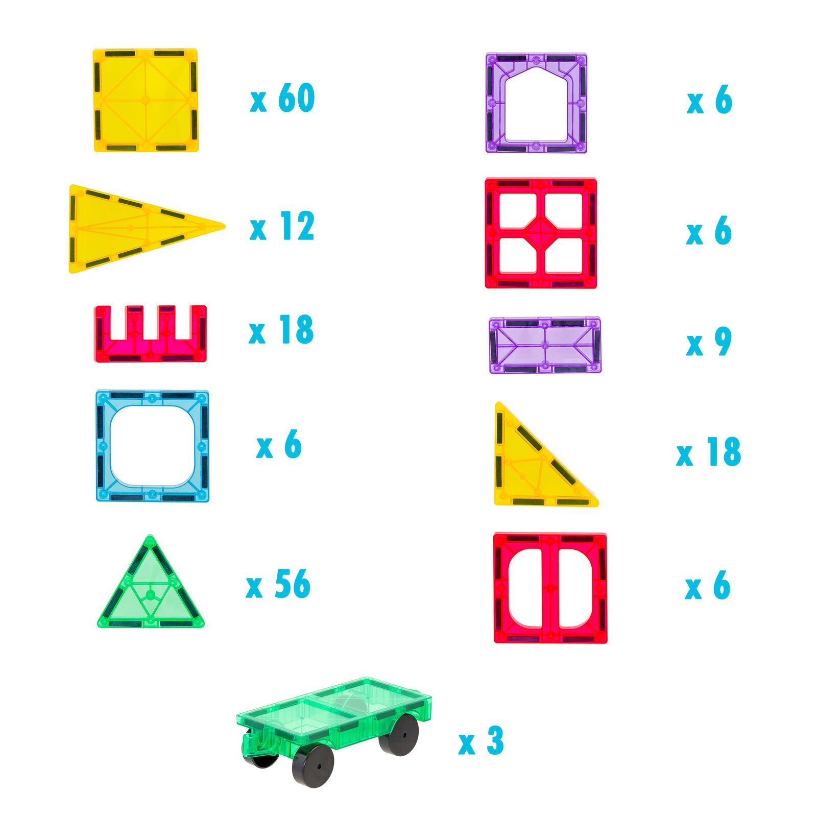 Colorful geometric building block pieces with quantities on a white background