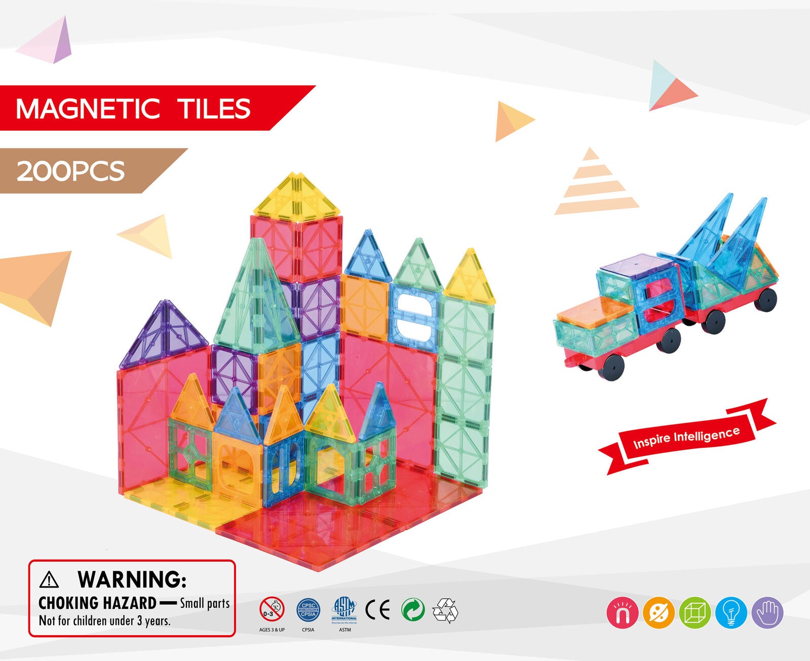 Colorful magnetic tiles set with castle and car models on a white background