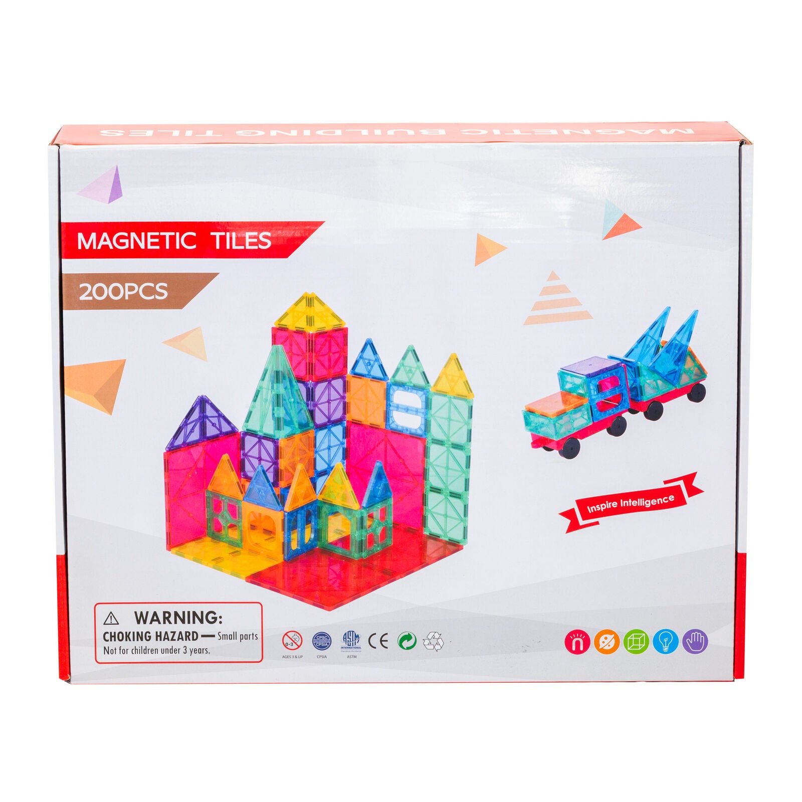 Box of magnetic tiles with colorful building designs on a white background