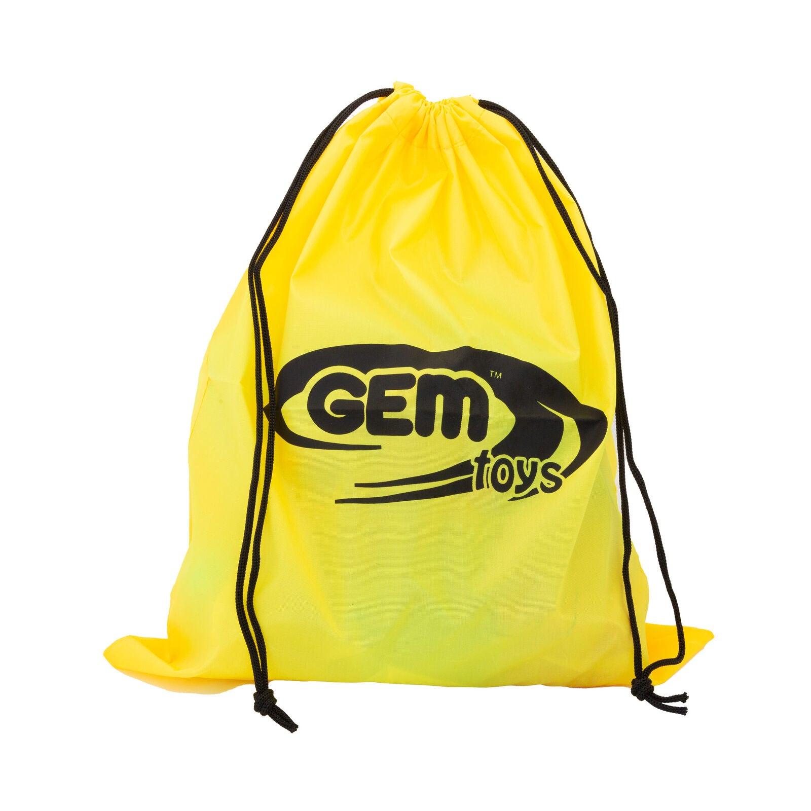 Yellow drawstring bag with 'GEM toys' logo on a white background