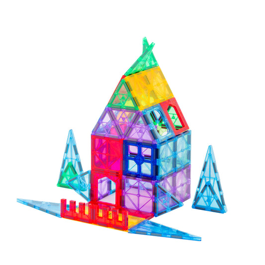 Colorful magnetic building block set on a white background