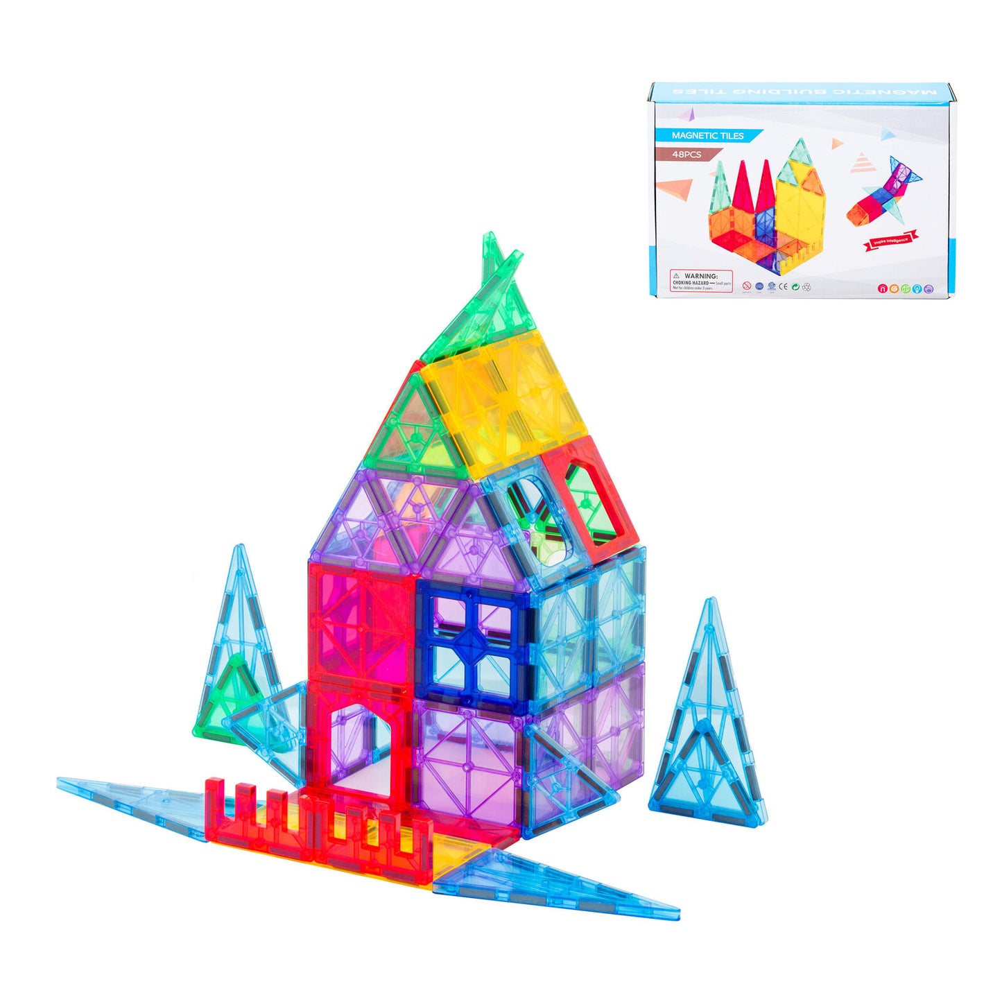 Colorful magnetic building block set with a model and packaging on a white background