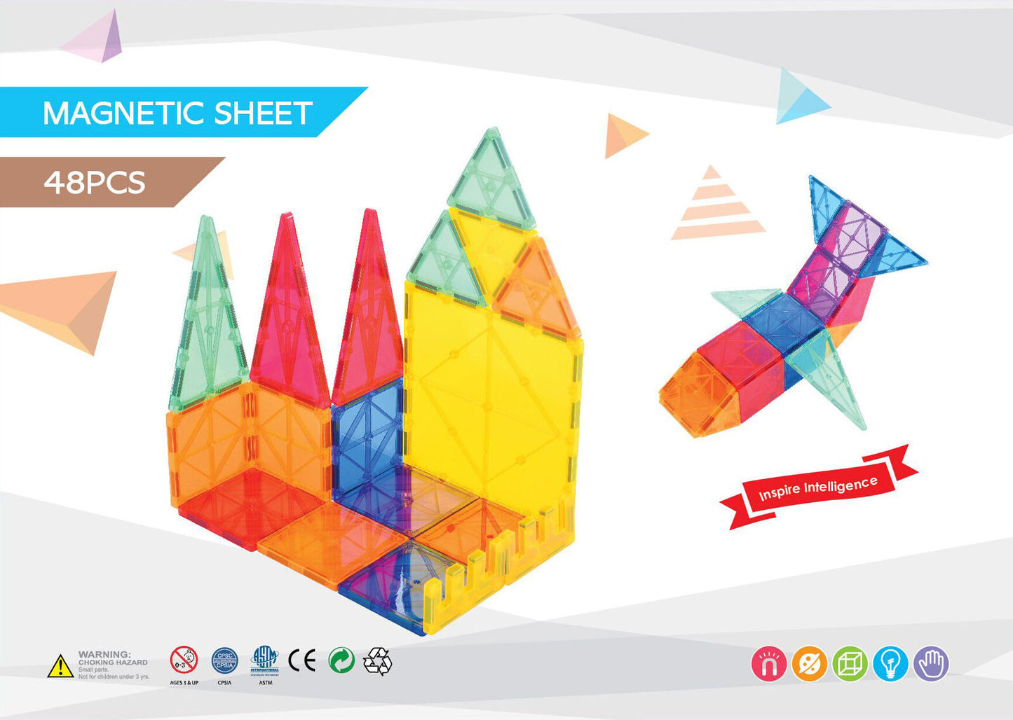 Colorful magnetic building sheet with geometric shapes on a white background