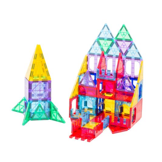 Colorful magnetic building blocks set on a white background