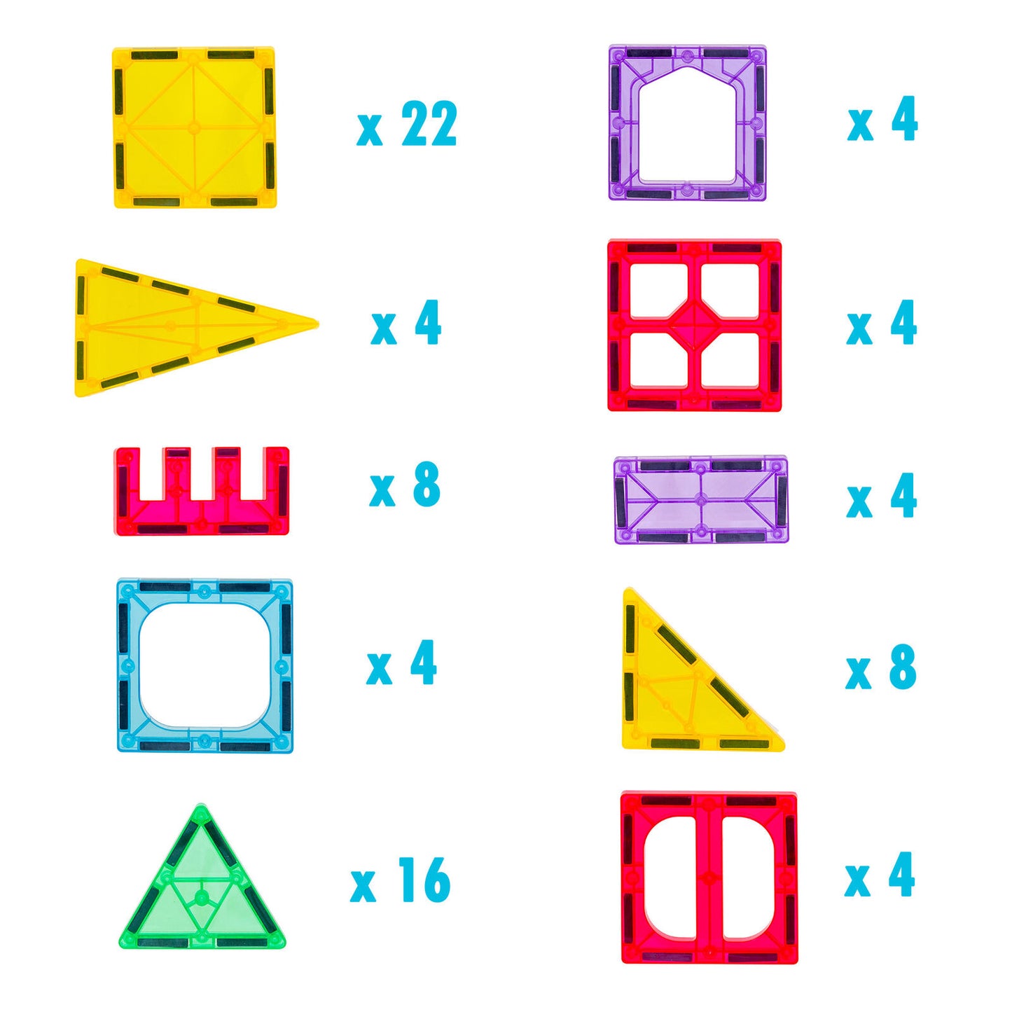 Set of colorful geometric building blocks with quantities indicated