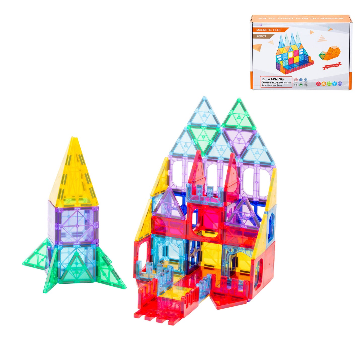 Colorful magnetic building blocks set with a rocket and tower structure, and packaging in the background.