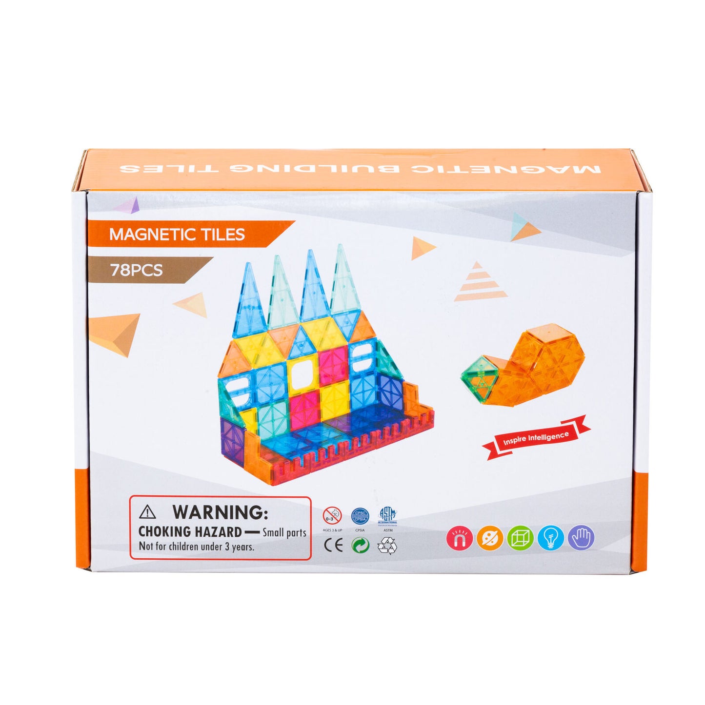 Box of magnetic tiles with colorful building designs on a white background