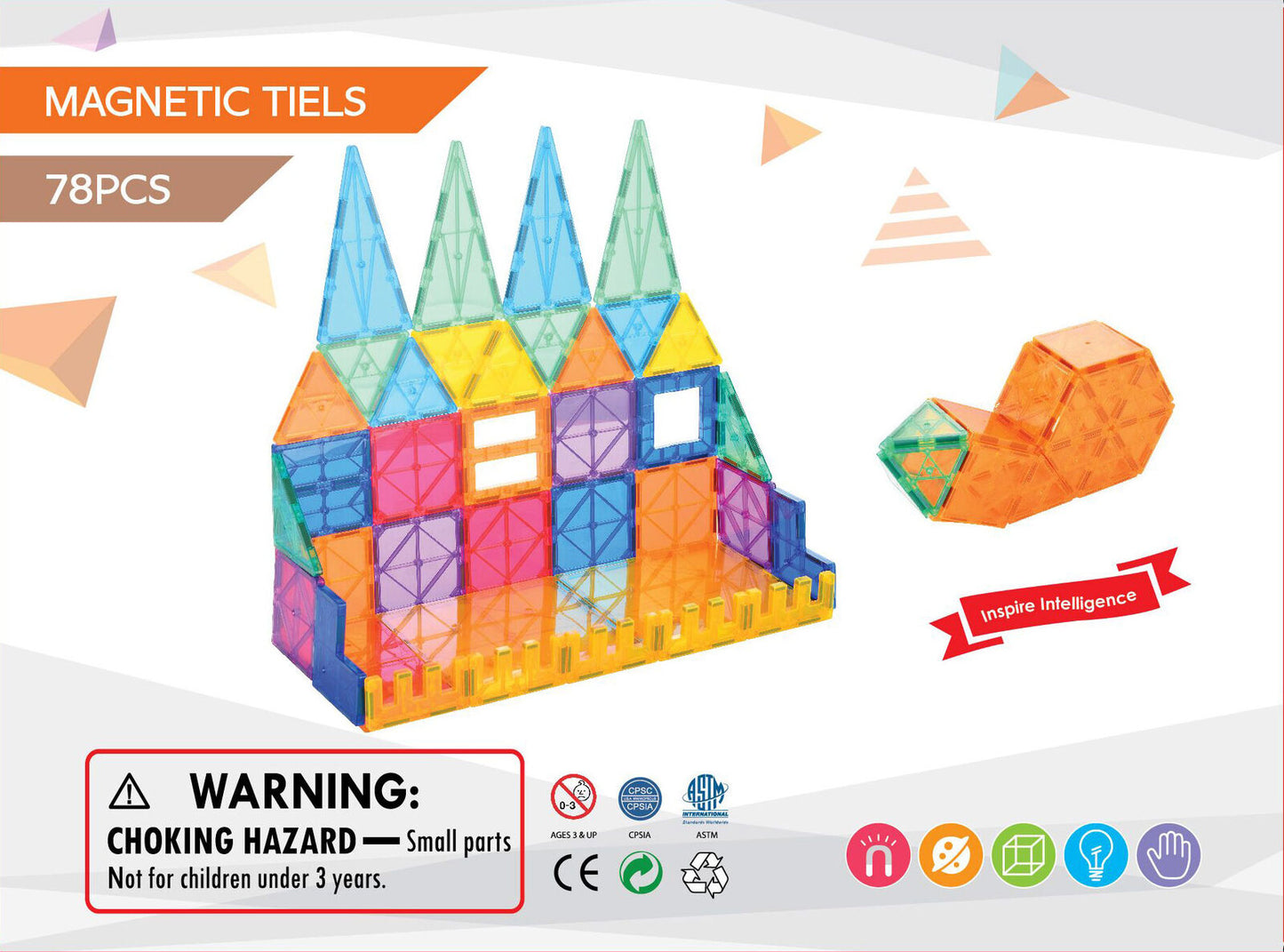 Colorful magnetic building blocks set with tower and other shapes on a white background