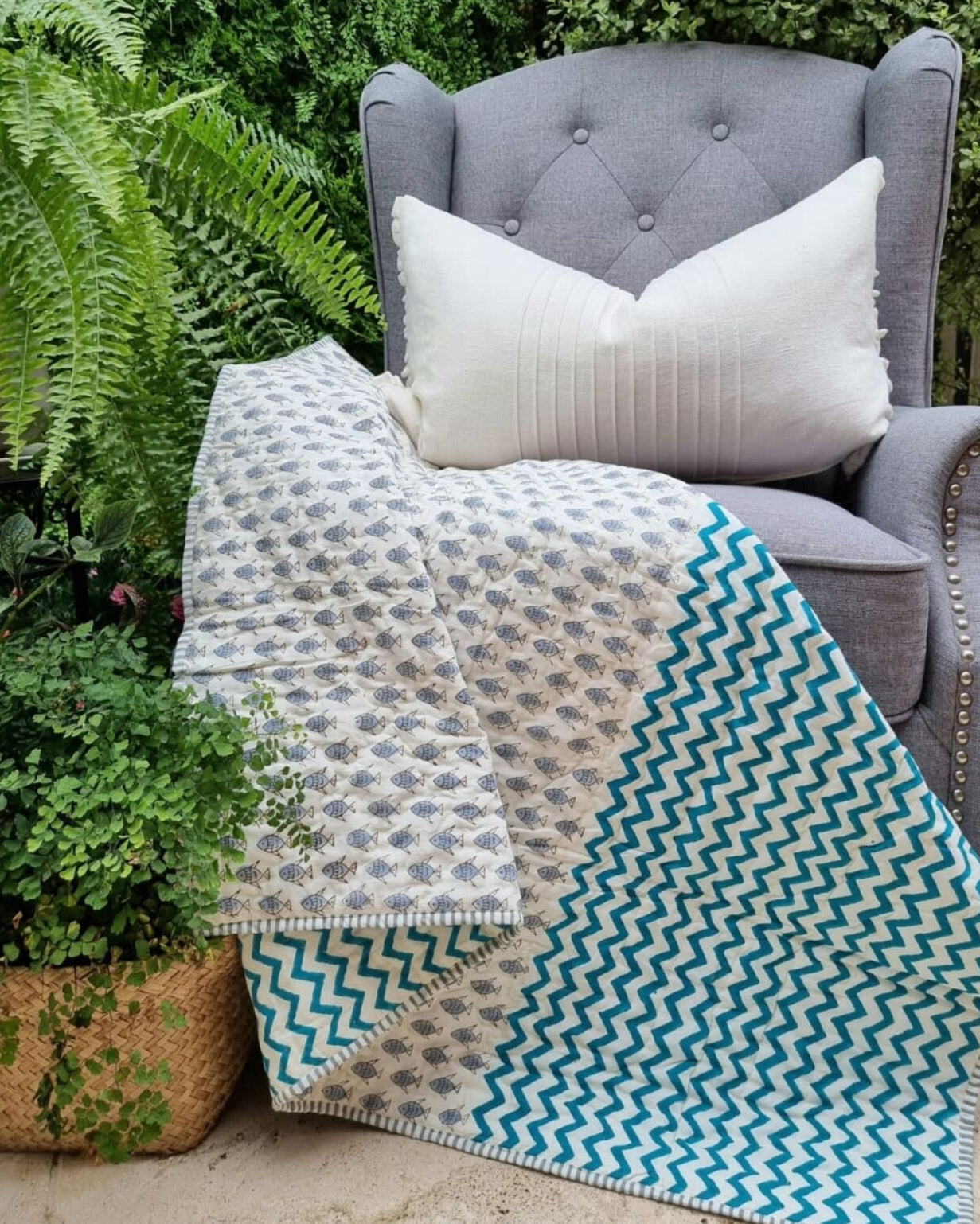Little Fish GOTS Certified Organic Cotton Reversible Baby Quilt (100×120cm)