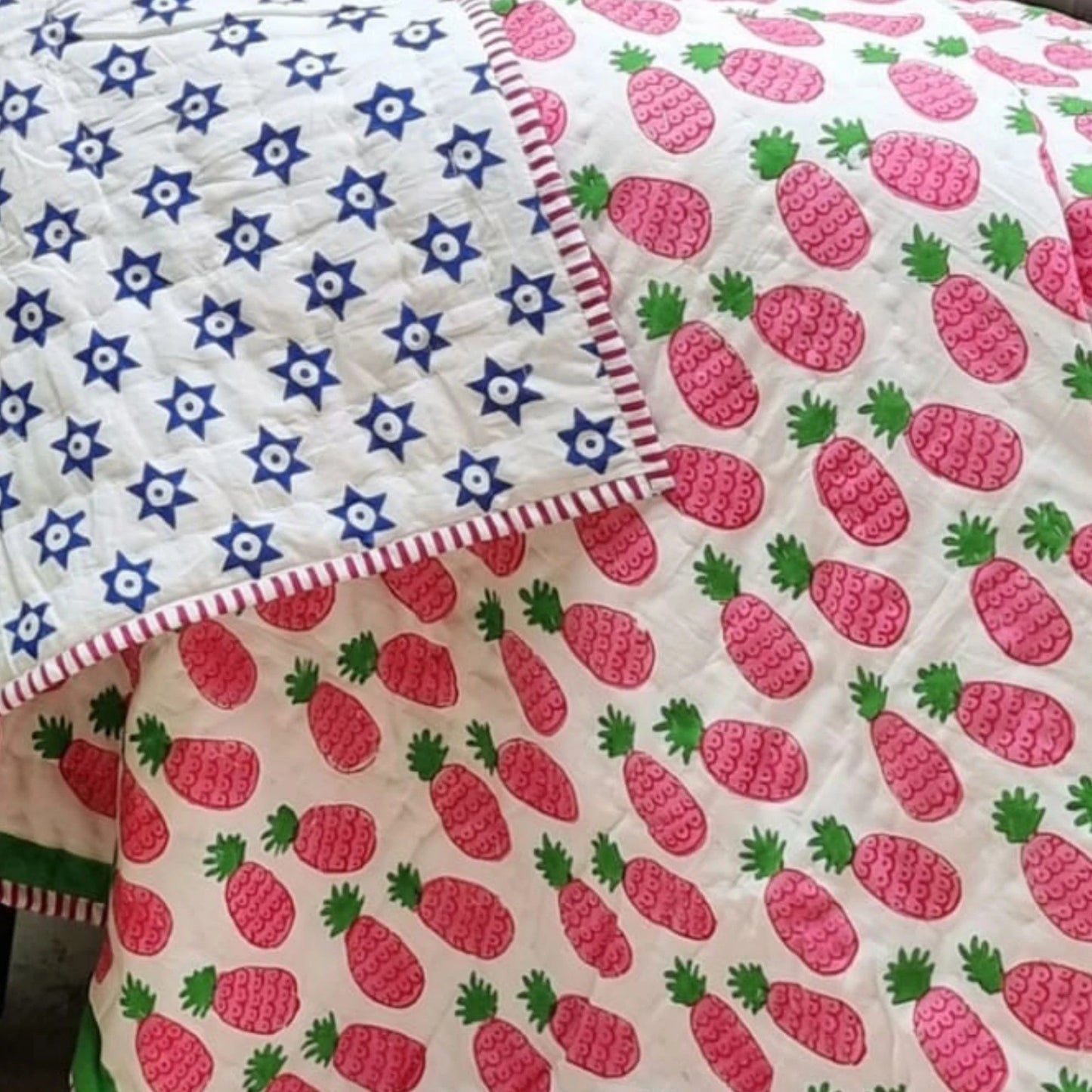 Pink Pineapple GOTS Certified Organic Cotton Reversible Baby Quilt (100×120cm)