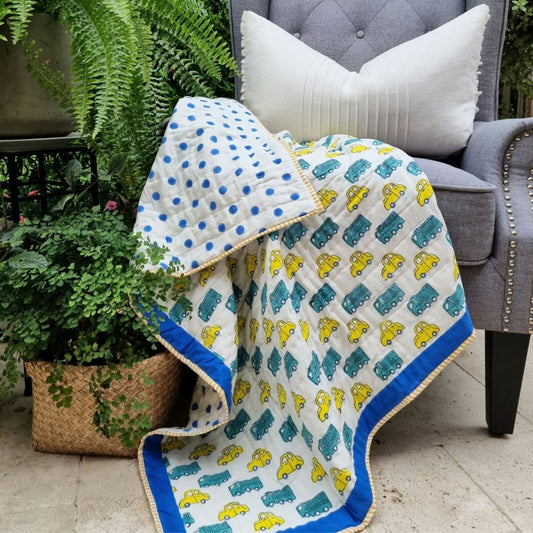 Yellow Cars GOTS Certified Organic Cotton Reversible Baby Quilt (100×120cm)