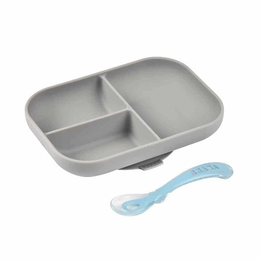 Beaba Silicone Suction Divided Plate & Spoon - Grey
